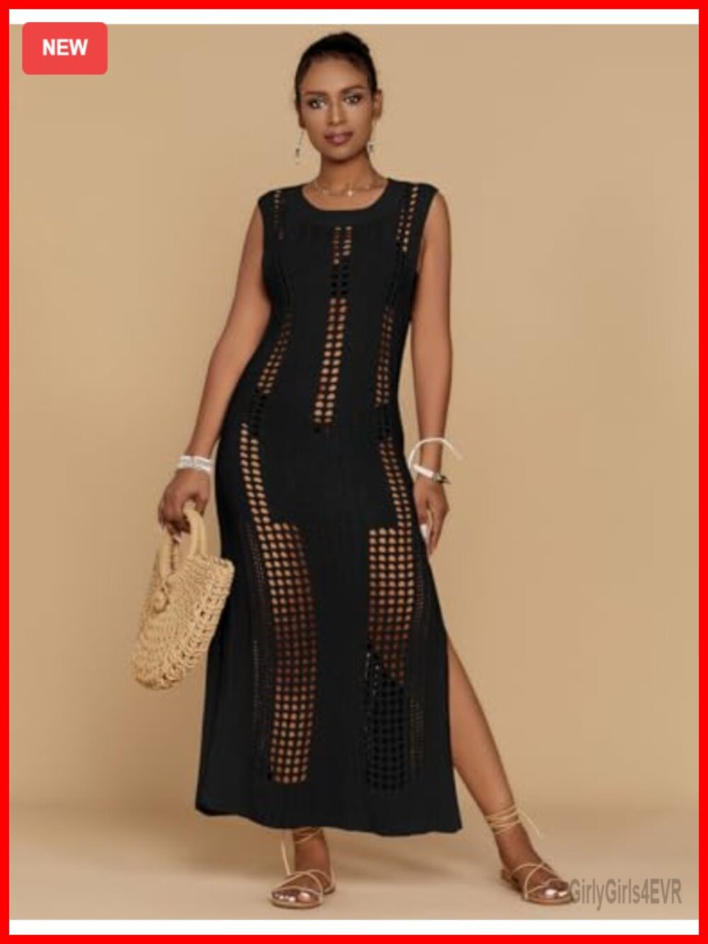 Sleeveless Hollow Out Knit Beach Cover Up Swimwear Coverup - Picture 4 of 7
